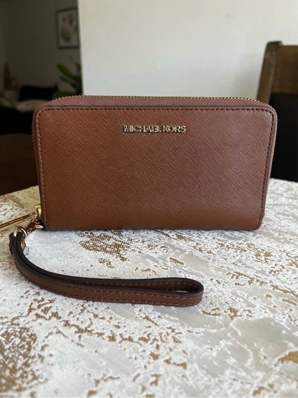 Michael Kors Brown Saffiano Leather Zip Wristlet